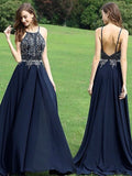 Dark Navy Chiffon Halter Neckline Backless A-Line Floor-Length Evening Dress
