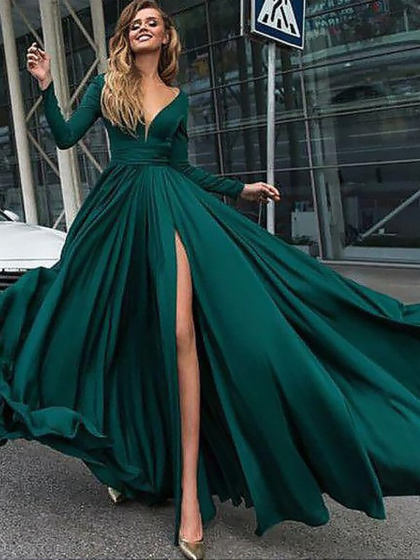 Emerald Chiffon A-Line Floor-Length Dress with Deep V-Neck and High Slit