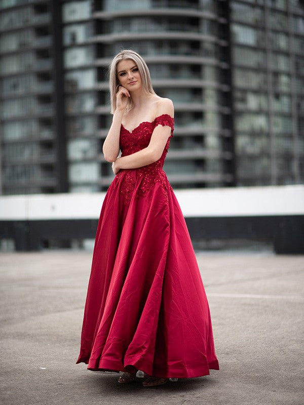 Burgundy Satin A-Line Floor-Length Dress with Off-the-Shoulder Neckline and 3D Floral Appliques