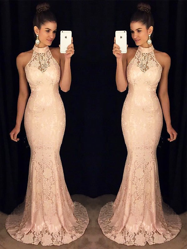 Blushing Pink Lace Mermaid Floor-Length Bridesmaid Dress