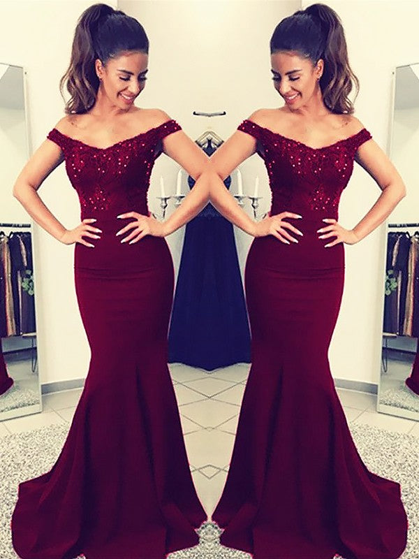Burgundy Sequined Lace Off-the-Shoulder Mermaid Floor-Length Bridesmaid Dress