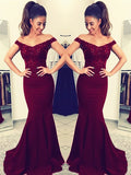 Burgundy Sequined Lace Off-the-Shoulder Mermaid Floor-Length Bridesmaid Dress