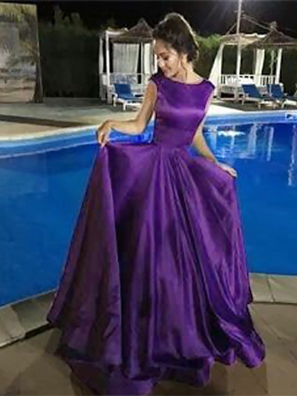 Vestidos de satén con corte en A, escote barco, sin mangas, hasta el suelo y volantes