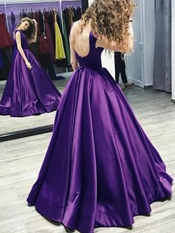 Plum Satin Boat Neck A-Line Floor-Length Evening Dress