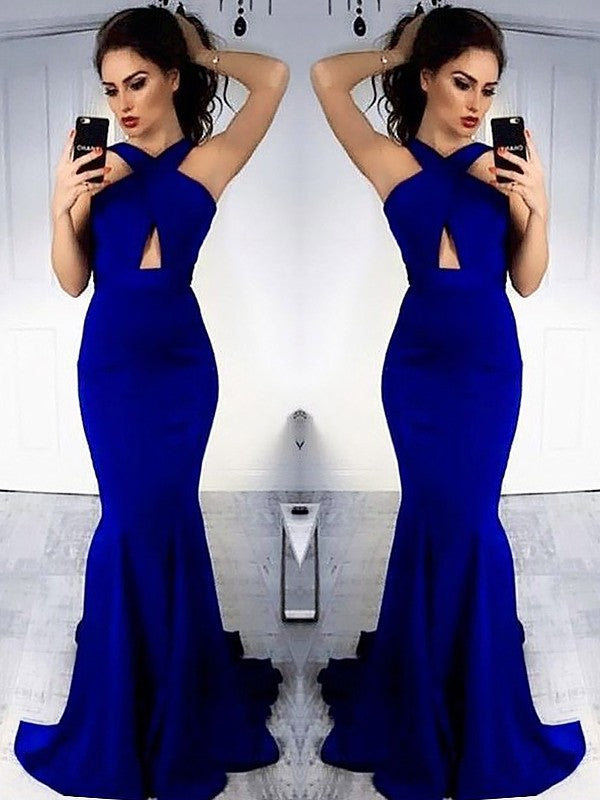 Sheath Halter Sleeveless Sweep/Brush Train With Ruched Satin Dresses