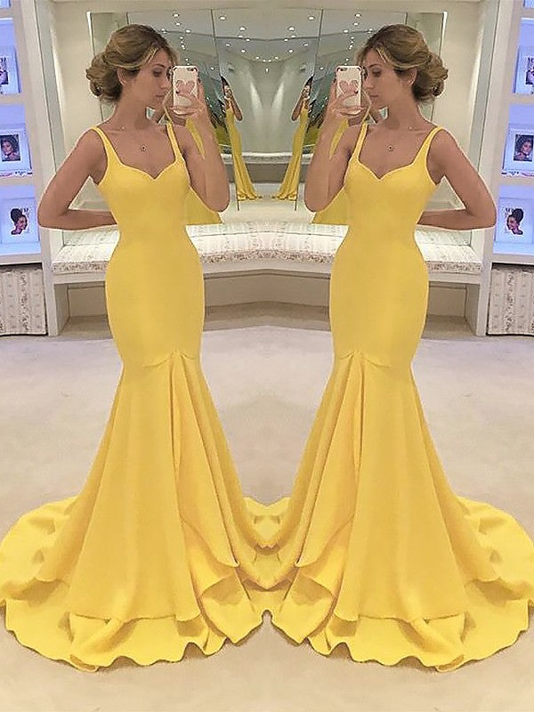 Mermaid Spaghetti Straps Sleeveless Sweep/Brush Train With Layers  Crepe Dresses