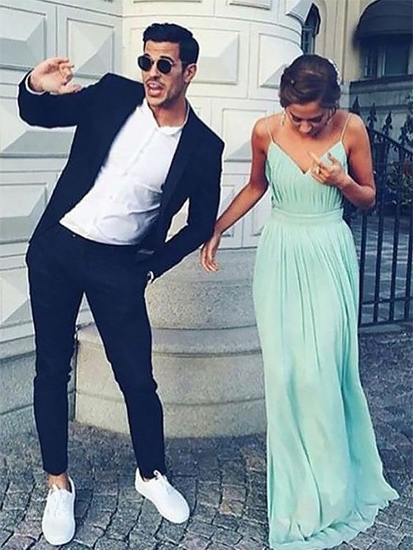 Abiti in chiffon arricciato, senza maniche, con spalline sottili e lunghezza al pavimento, a trapezio