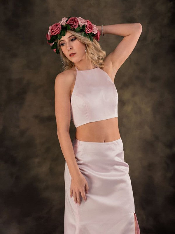 Pink Satin Two-Piece Halter Sheath/column Floor-Length Evening Dress