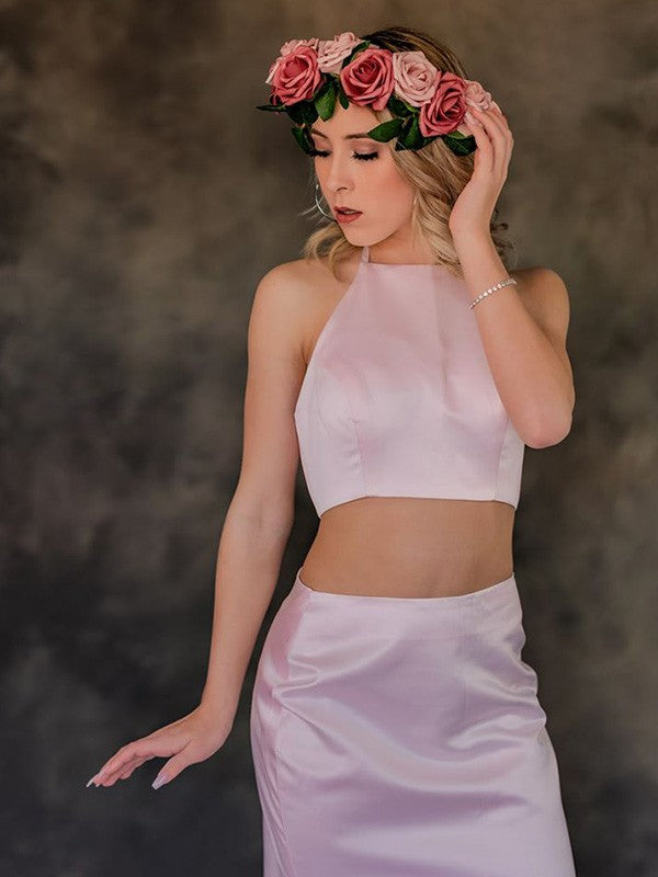 Pink Satin Two-Piece Halter Sheath/column Floor-Length Evening Dress