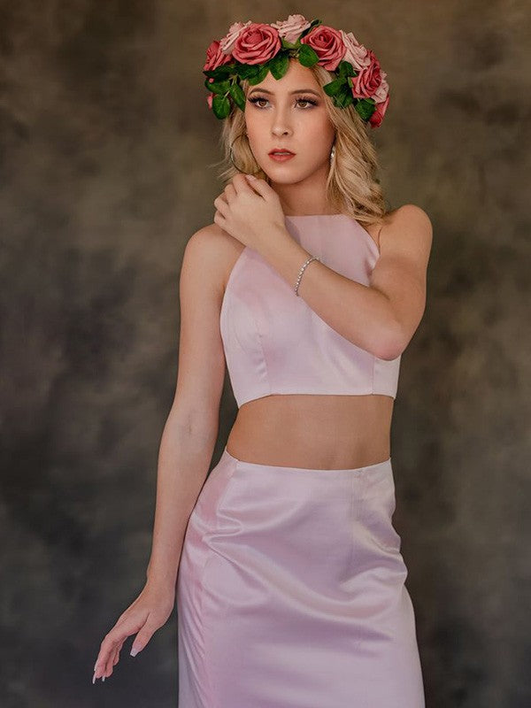 Pink Satin Two-Piece Halter Sheath/column Floor-Length Evening Dress