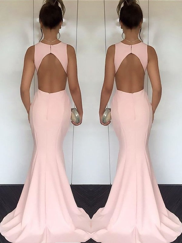 Mermaid Jewel Sleeveless Sweep/Brush Train With Ruched Silk like Satin Dresses