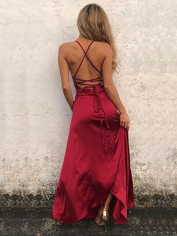 Burgundy Satin A-Line Floor-Length Evening Dress with Cowl Neck & V-Back