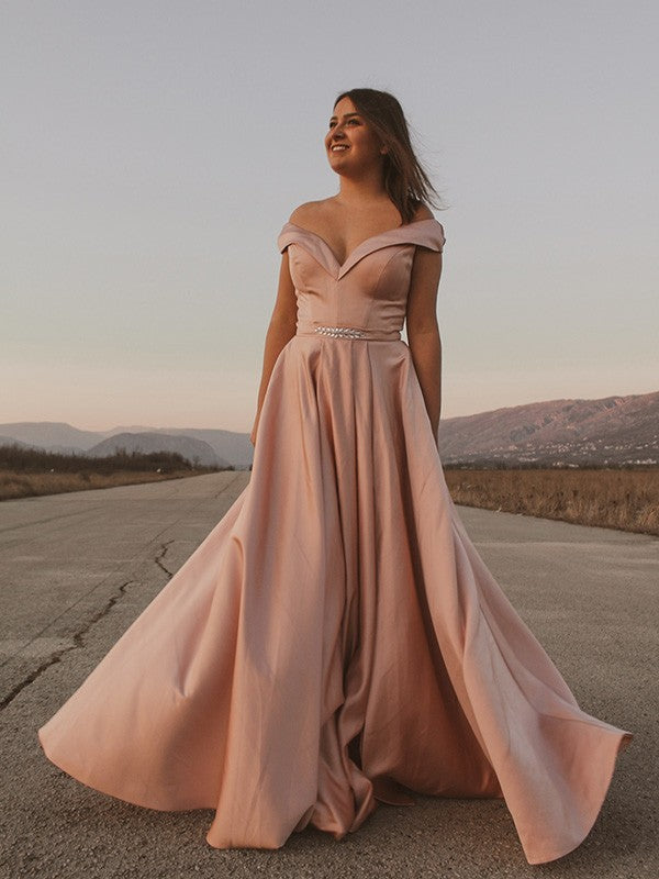 Vestidos de satén de corte A/princesa, sin mangas, con hombros descubiertos, faja/cinturón/cinturón, hasta el suelo