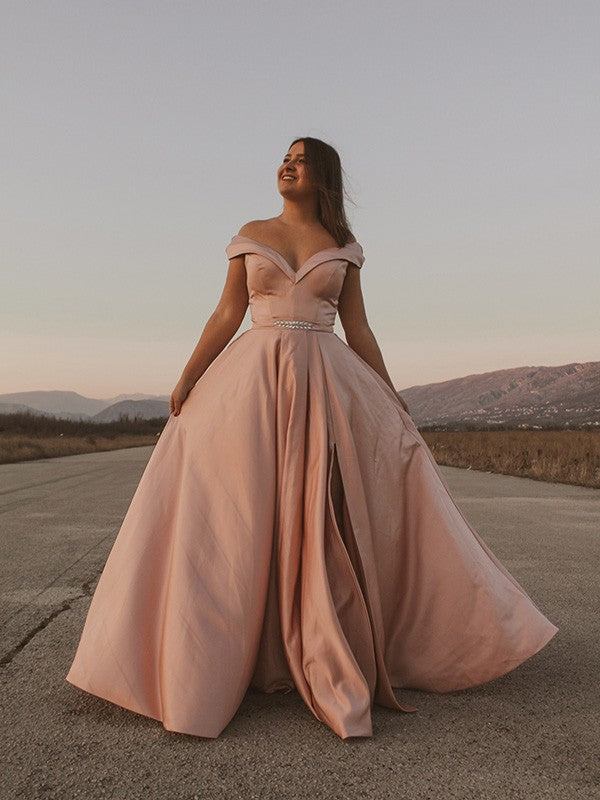 Vestidos de satén de corte A/princesa, sin mangas, con hombros descubiertos, faja/cinturón/cinturón, hasta el suelo