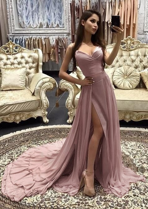 Dusty Rose Chiffon A-Line Floor-Length Bridesmaid Dress - Sweetheart Neckline, High Slit & Sweep Train