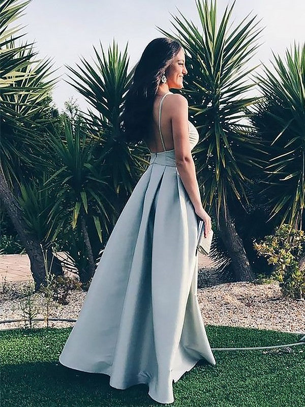 Mist Satin A-Line Floor-Length V-Neck Evening Dress