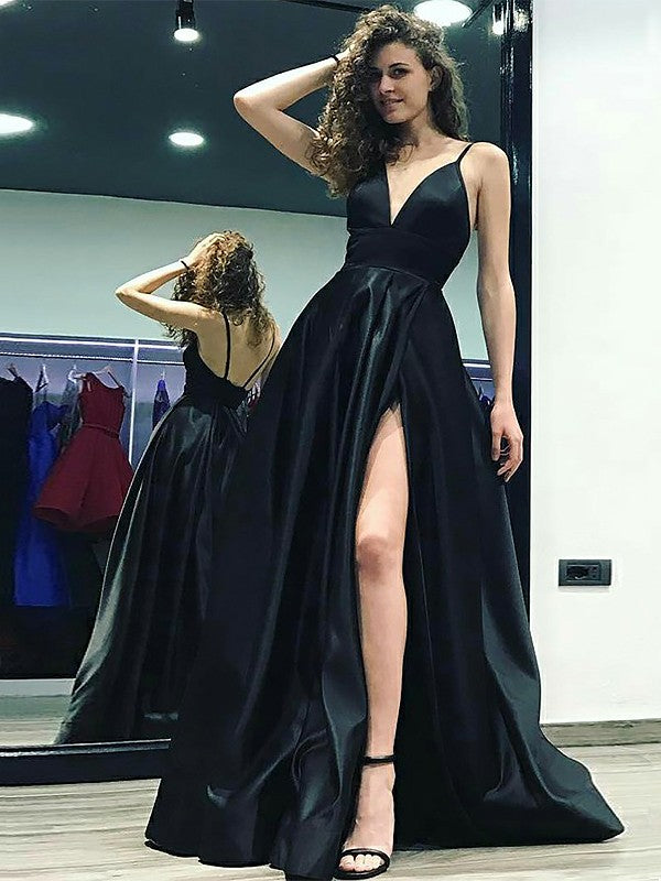 Black Satin A-Line Floor-Length Evening Dress with Deep V-neck & High Slit
