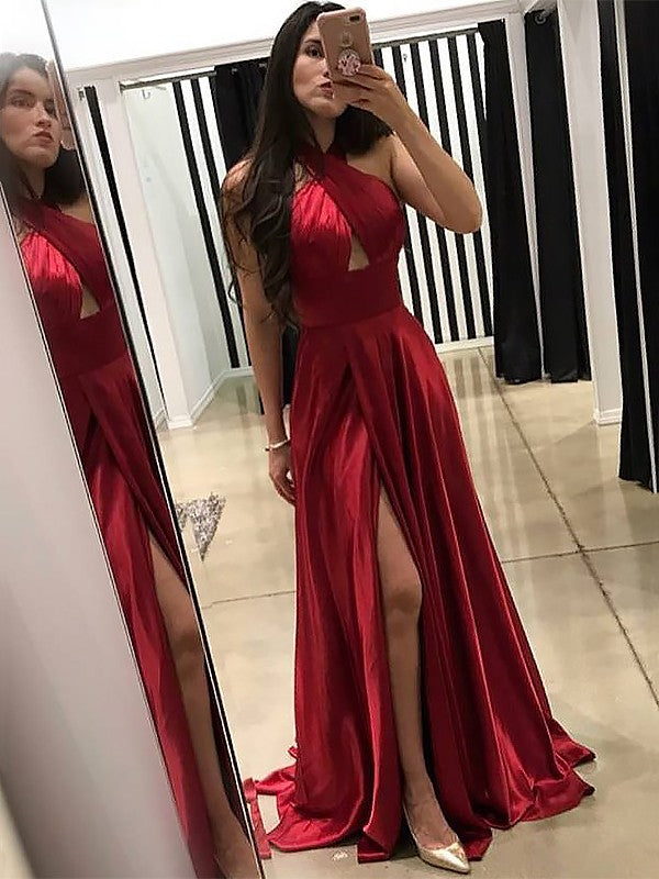 Red Satin A-Line Floor-Length Halter Neckline Dress with Front Cut-Out