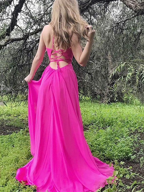 Pink Chiffon A-Line Halter Floor-Length Evening Dress with Plunging V-neck and High Slit
