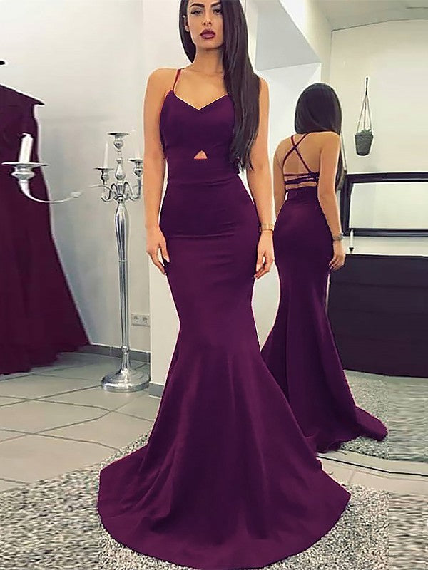 Mulberry Satin Mermaid Evening Dress with Criss-Cross Straps