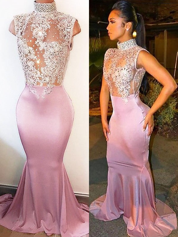 Vestidos de encaje satinado con cuello alto, corte trompeta/sirena, sin mangas y cola larga