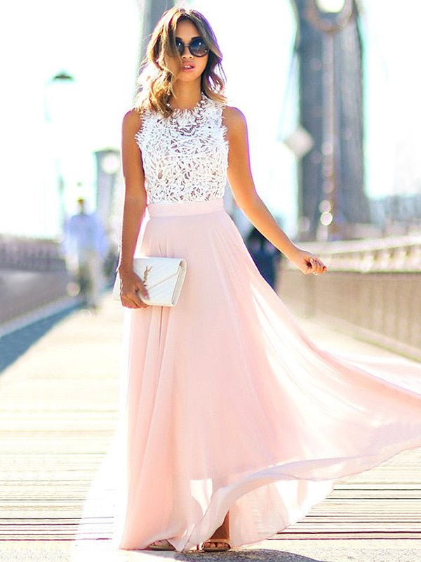 Blushing Pink Lace & Chiffon A-Line Floor-Length Bridesmaid Dress