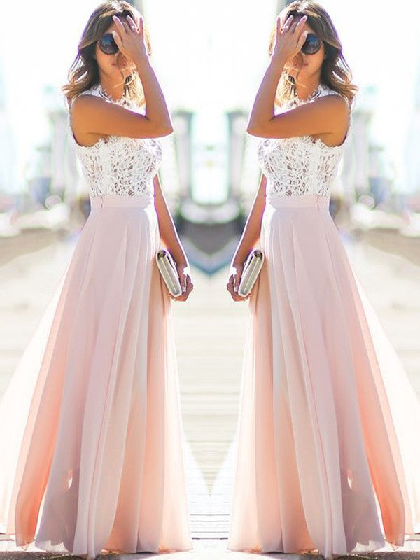 Vestidos de gasa con encaje, sin mangas, corte princesa, joya y largo hasta el suelo