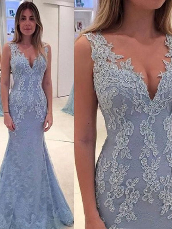 Dusty Blue Lace Mermaid Floor-Length Bridesmaid Dress