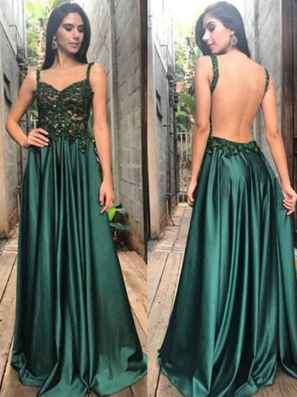 Vestidos de satén fruncidos con apliques y tirantes finos de corte A/princesa sin mangas hasta el suelo