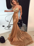 Gold Satin Mermaid Floor-Length Prom & Evening Dress with Lace V-Neck