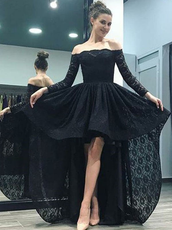 Vestidos asimétricos de encaje con corte A/princesa, hombros descubiertos, mangas largas y cola larga