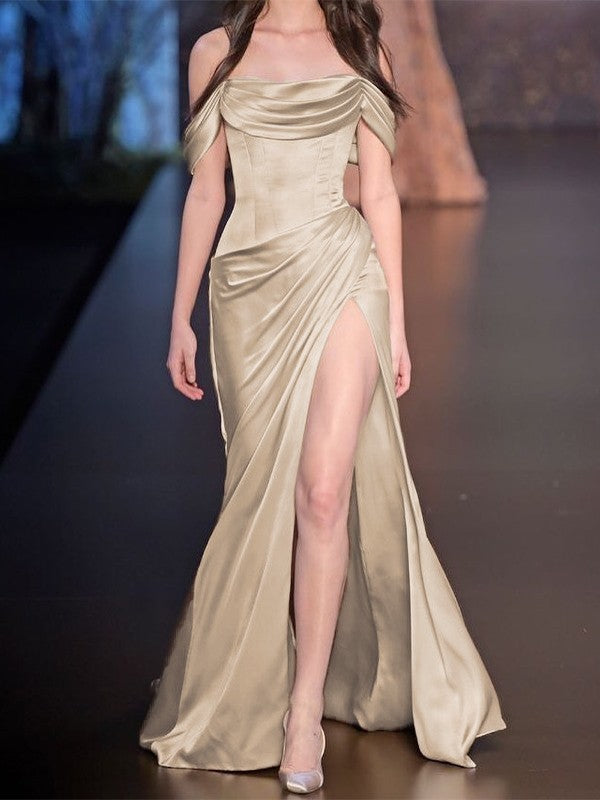 Champagne Off-the-Shoulder Satin Floor-Length Gown