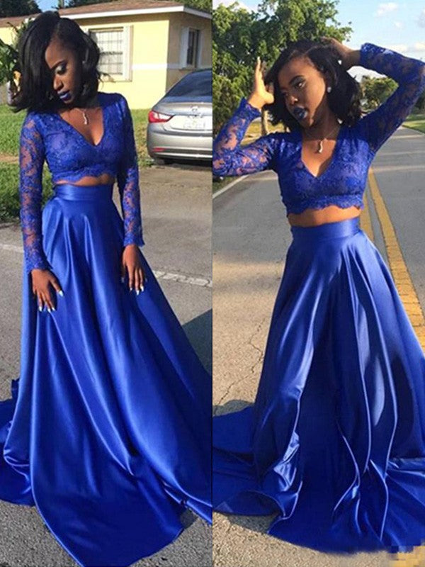 Royal Blue Two-Piece Lace & Satin A-Line Floor-Length Evening Dress