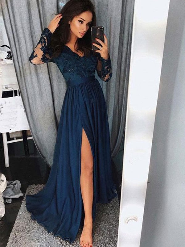 Dark Navy Chiffon A-Line Floor-Length Evening Dress with Lace Bodice & High Slit