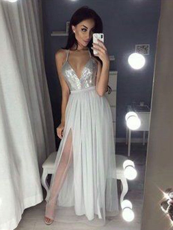 Silver Sequin A-Line Floor-Length Evening Dress - V-Neck Backless