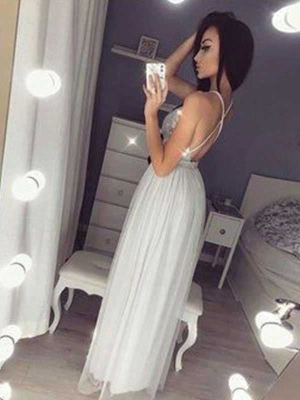 Silver Sequin A-Line Floor-Length Evening Dress - V-Neck Backless