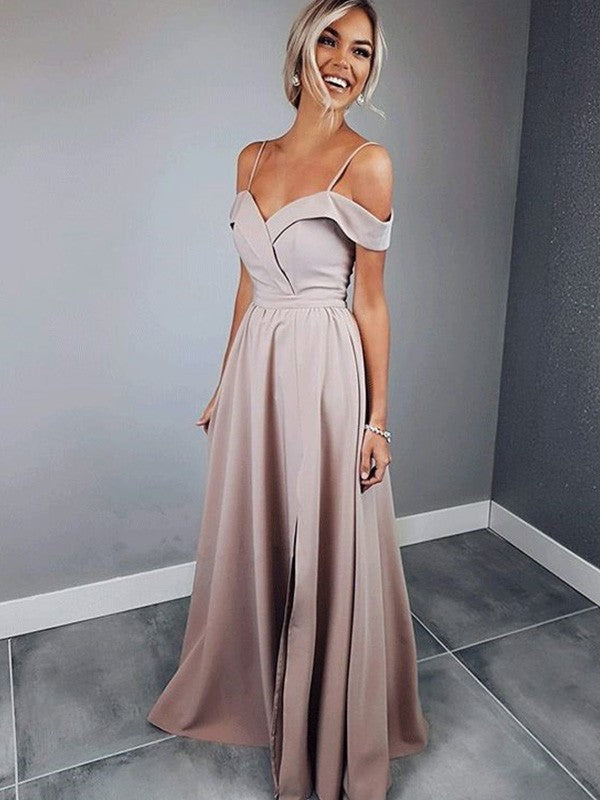 Blushing Pink Off-the-Shoulder A-Line Floor-Length Chiffon Bridesmaid Dress with High Slit