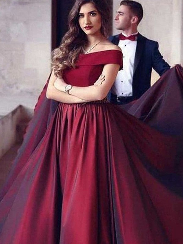 Burgundy Satin Off-the-Shoulder A-Line Floor-Length Gown