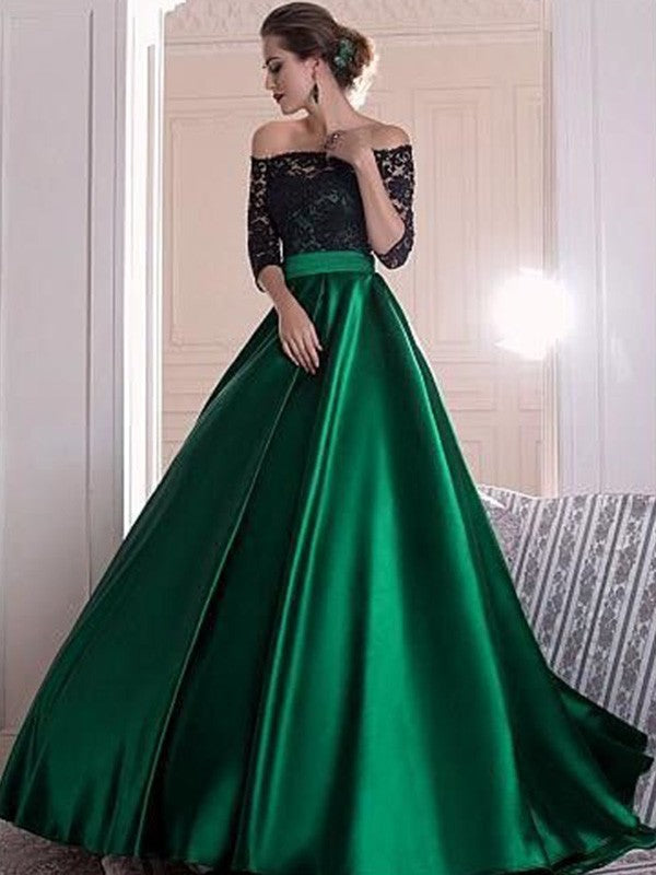 Elegant Green Off-the-Shoulder Lace & Satin A-Line Floor-Length Gown