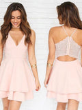 Abiti corti/mini a trapezio/principessa, senza maniche, scollo a V, in crêpe, plissettati