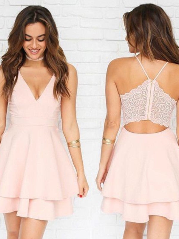 Abiti corti/mini a trapezio/principessa, senza maniche, scollo a V, in crêpe, plissettati