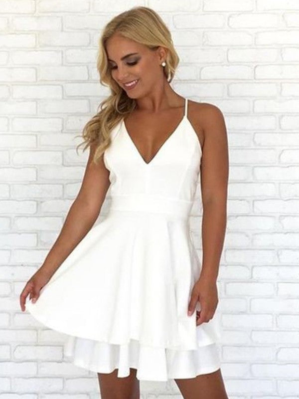 Vestidos cortos/mini de corte A/princesa, escote en V, crepé, sin mangas, plisados