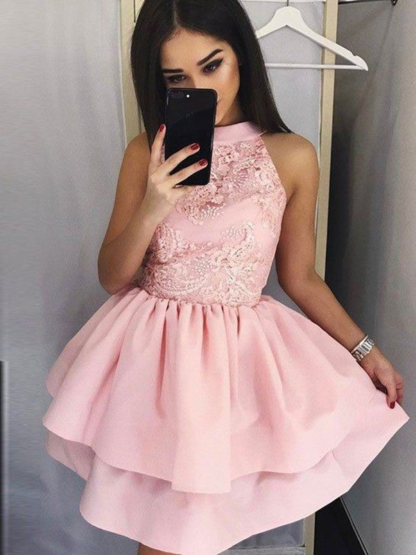 Vestidos cortos/mini de satén sin mangas con encaje, joya y corte princesa