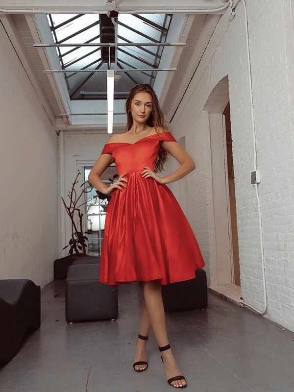 Red Satin Off-the-Shoulder A-Line Tea-Length Dress