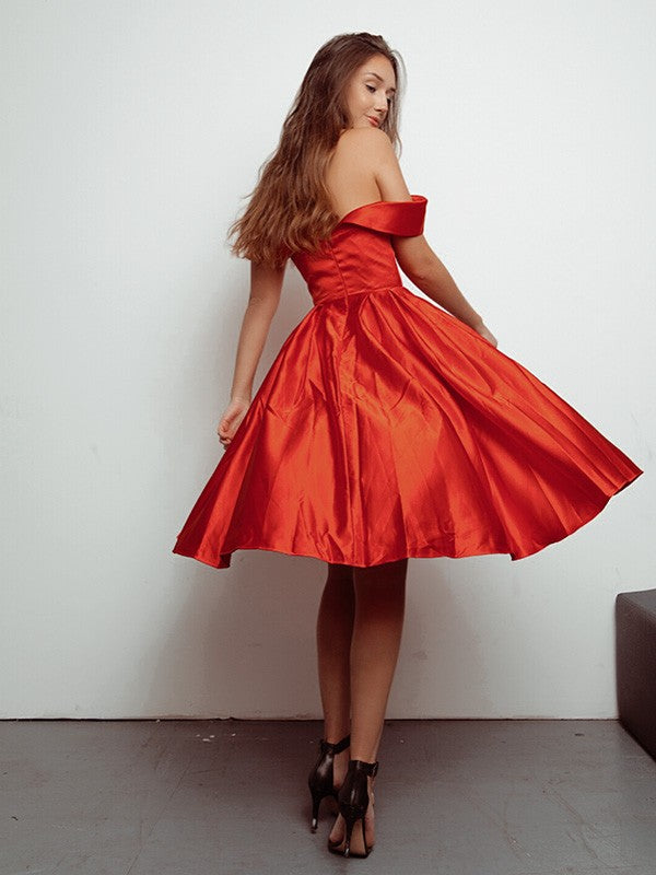 Red Satin Off-the-Shoulder A-Line Tea-Length Dress