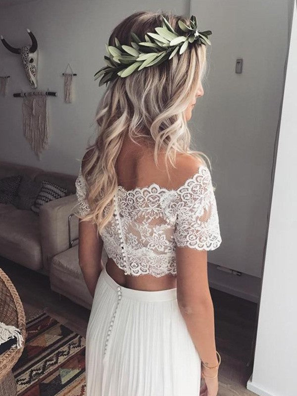 Vestidos de novia de tul con encaje, corte princesa, hombros descubiertos, largo hasta el suelo, mangas 1/2