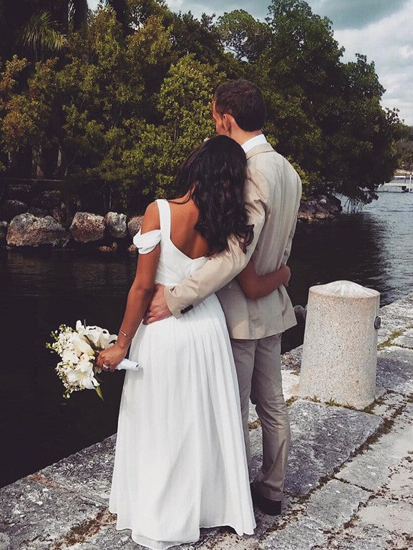 Vestidos de novia de gasa con corte A/princesa, mangas cortas, escote en V, tirantes, largo hasta el suelo y volantes