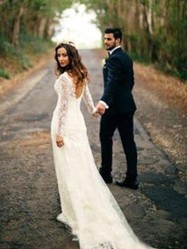 Vestidos de novia de corte tubo, manga larga, escote en V, cola de corte, apliques de encaje