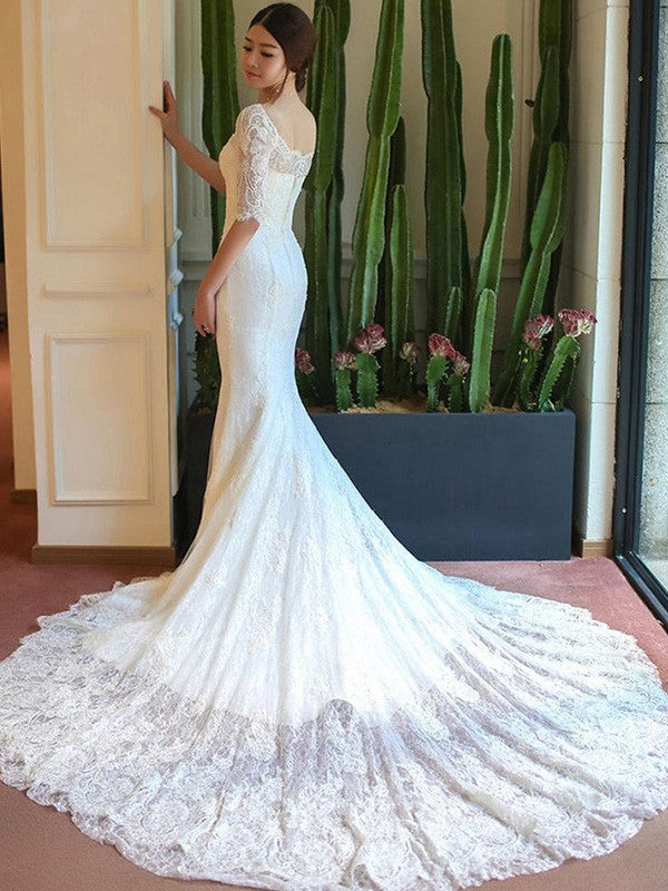 Abiti da sposa a tromba/sirena con maniche a 1/2, strascico a cattedrale quadrato, applicazioni in pizzo