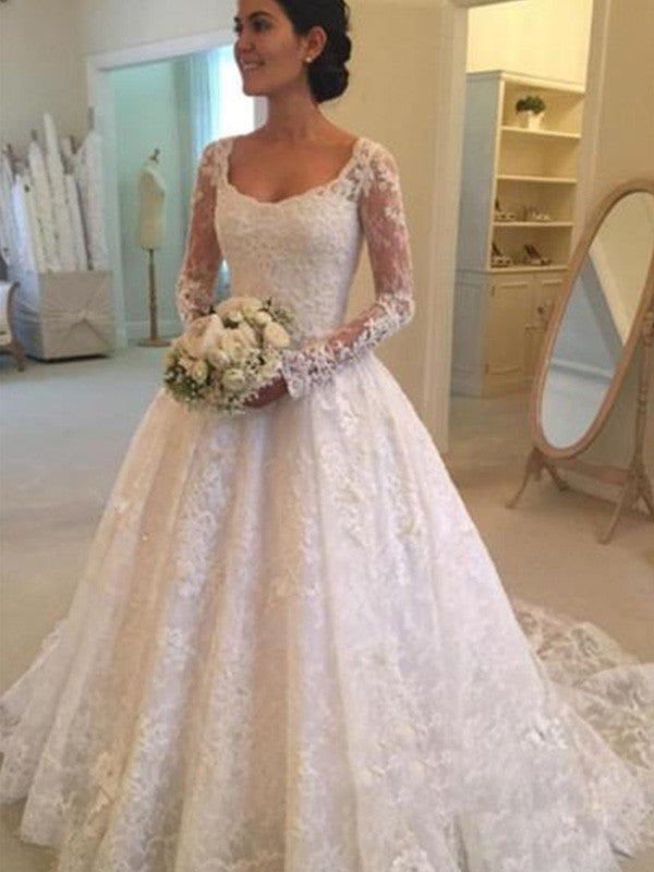 Ivory Lace A-Line Wedding Dress with Long Sleeves & Scoop Neck